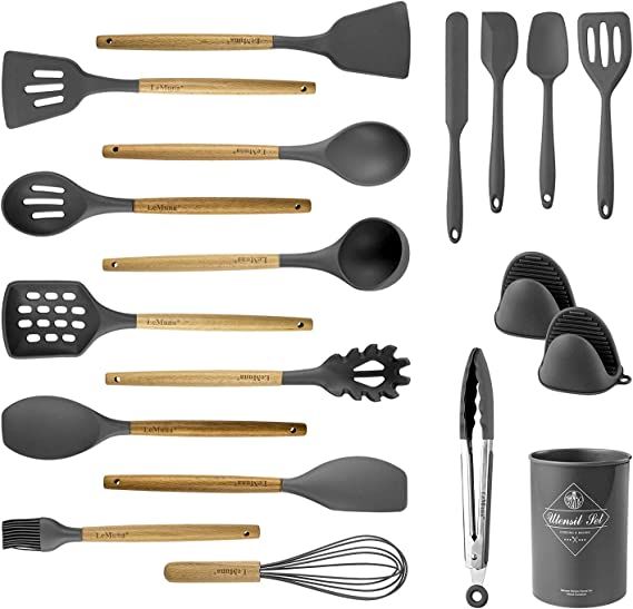 LeMuna 18pcs Silicone Kitchen Utensils Set, Kitchen Cooking Utensils Set with Holder, Wooden Hand... | Amazon (US)