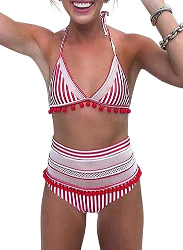 Bdcoco Women's High Waist Two Pieces Bikini Set Padded Stripe Tassel Swimsuit | Amazon (US)