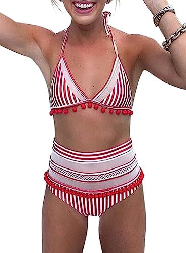 Bdcoco Women's High Waist Two Pieces Bikini Set Padded Stripe Tassel Swimsuit | Amazon (US)