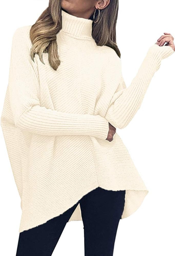 Women's Turtleneck Batwing Sleeve Knitted Asymmetric Hem Pullover Sweater Jumper Tops | Amazon (US)