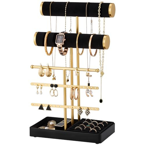 Lolalet Bracelet Display Stand Necklaces Holder, 5 Tiers Jewelry Organizer and Storage Rack with Velvet Slot and Metal Base, for Women Bangles Watches Ring Earrings -Black | Amazon (US)