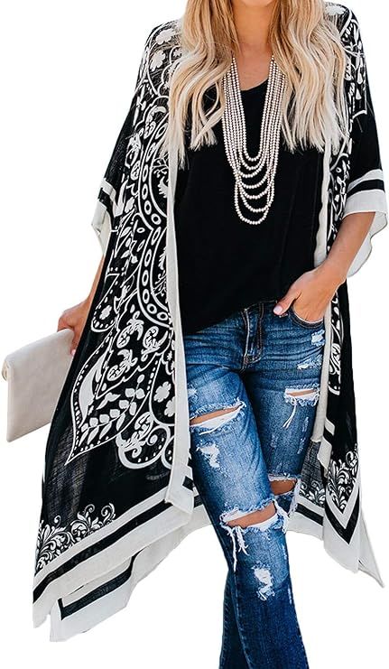 Dokotoo Womens Fashion Print Kimono Tassel Casual Cardigan Loose Cover up | Amazon (US)