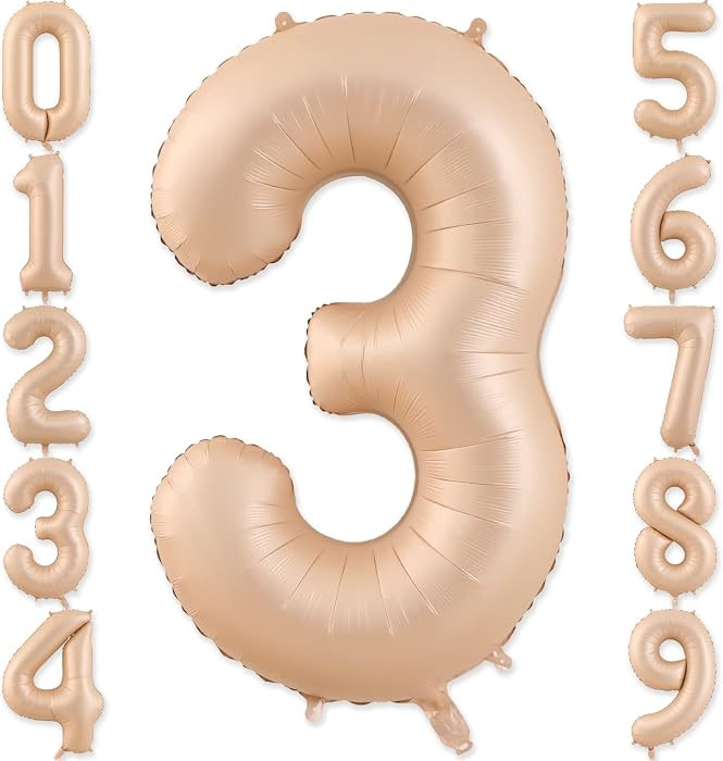 3 Balloon, Number 3 Balloon, 3 Balloon Number 40 Inch, Beige Large Big Foil Number Balloons for B... | Amazon (US)