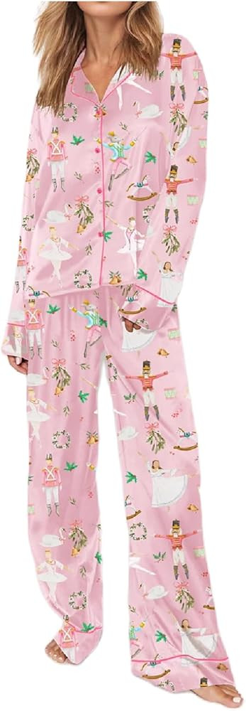 Women Silk Satin Christmas Pajama Set Long Sleeve Button Down Shirt Wide Leg Pants 2 Piece Cute S... | Amazon (US)