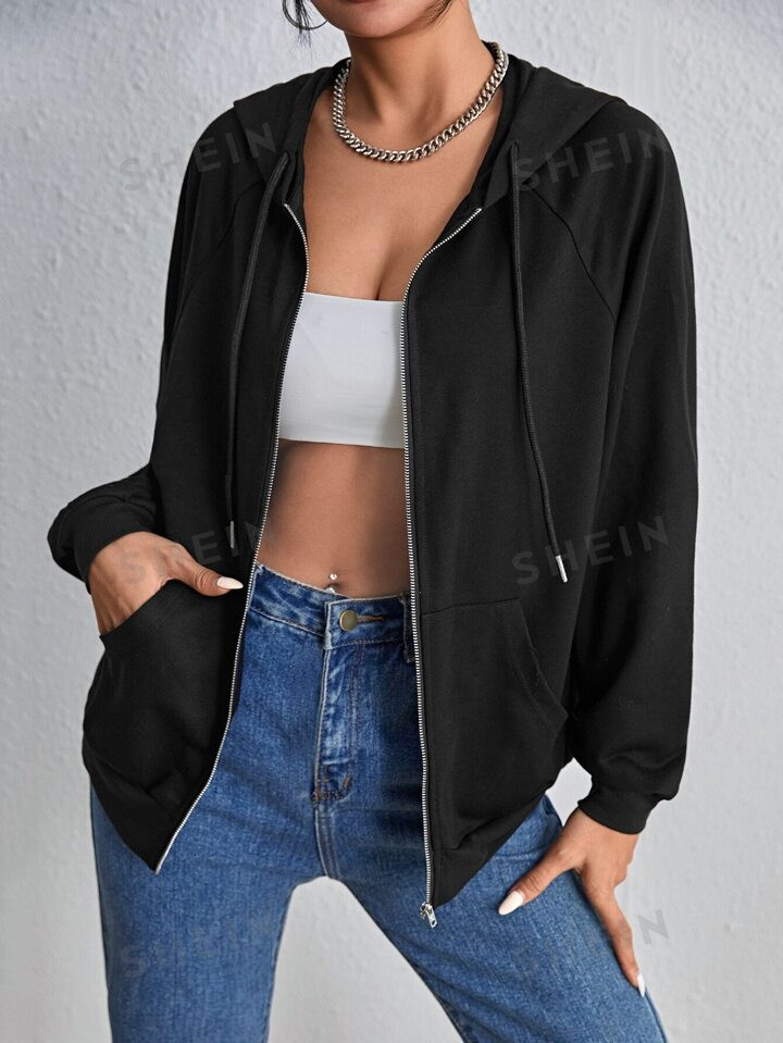 SHEIN EZwear Zip Up Raglan Sleeve Drawstring Hoodie | SHEIN