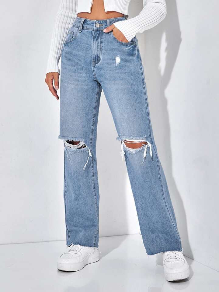 SHEIN PETITE Ripped Straight Leg Jeans | SHEIN