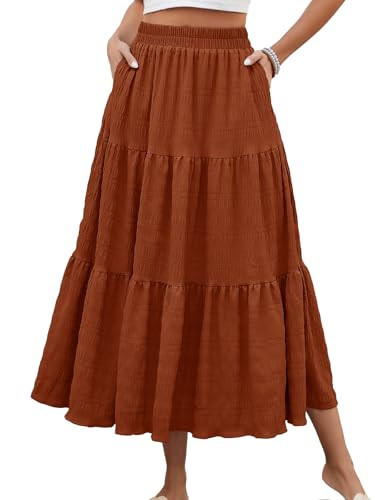 HUSKARY Brown Skirt Women Trendy Fall High Wasited Smock Ruffle Layered Tiered Long Maxi Skirt Flowy Casual Midi Skirts | Amazon (US)