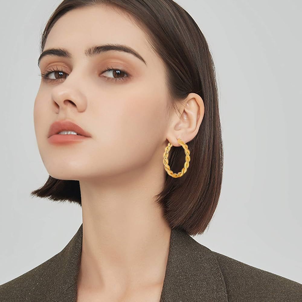 Twisted Gold Hoop Earrings for Women, Thick Chunky Hoops Hypoallergenic Vintage Twist Earings Big | Amazon (US)