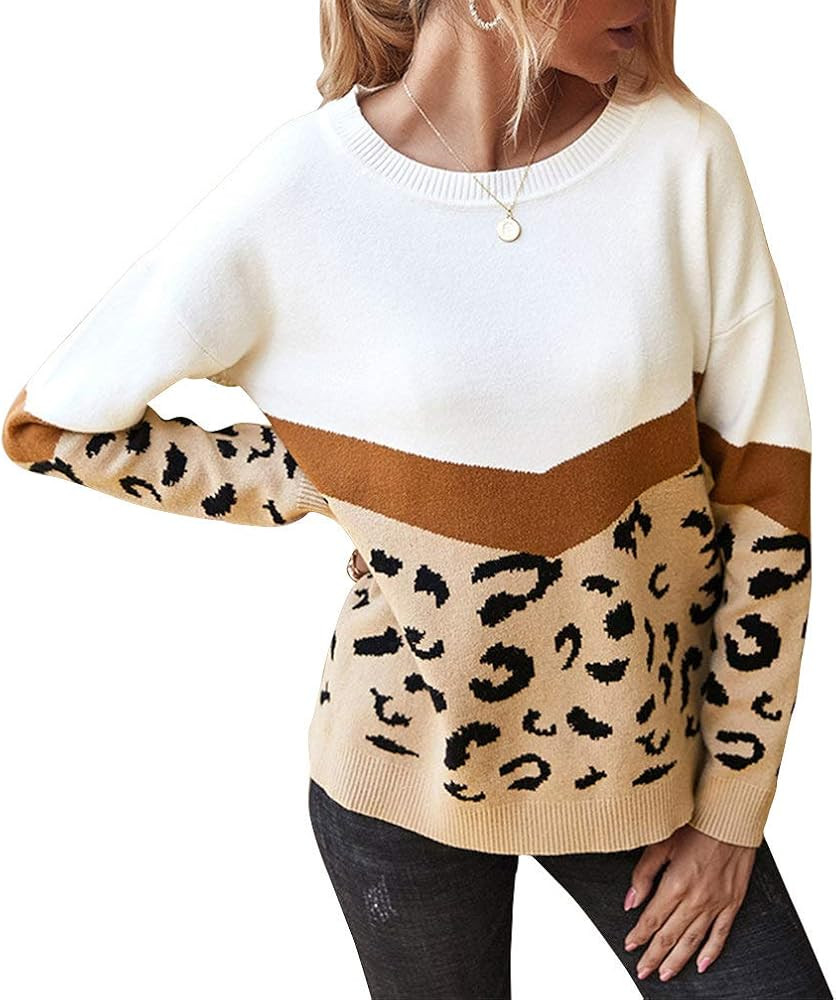 Nextgale Women's Comfy Color Block Long Sleeve Leopard Sweatshirts | Amazon (US)