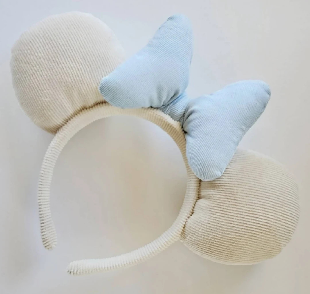 Soft Ivory Corduroy Mouse Ears With Baby Blue Corduroy Bow | off White Bridal Mouse Ears - Etsy | Etsy (US)