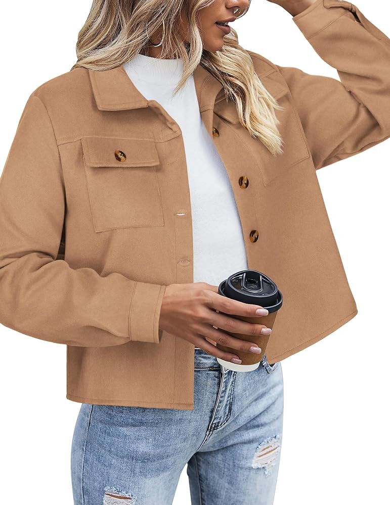 Zeagoo Flannels for Women Cropped Shacket Jacket Fashion Plaid Button Down Shirt 2024 Fall Coat T... | Amazon (US)