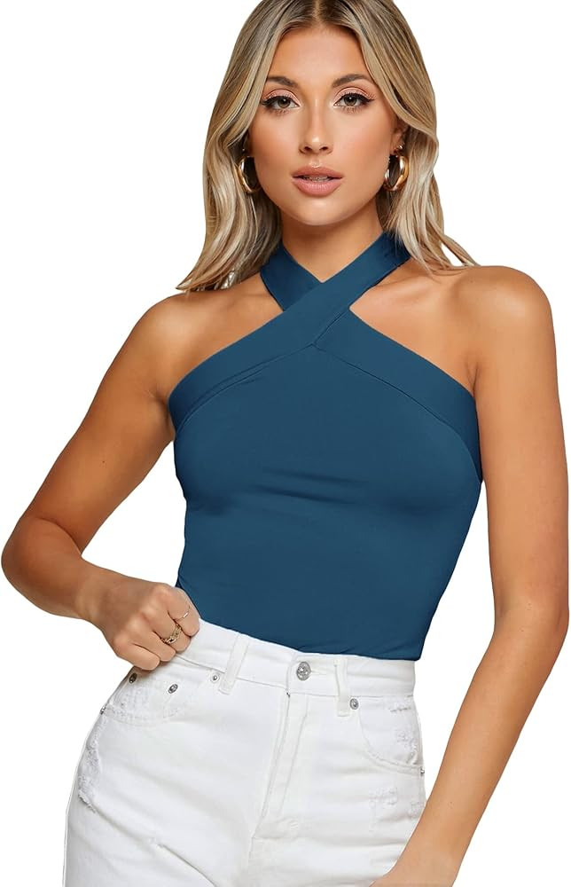 Floerns Women's Solid Criss Cross Halter Sleeveless Tee Shirt Top | Amazon (US)