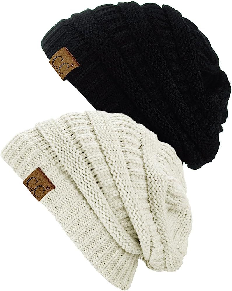 C.C Trendy Warm Chunky Soft Stretch Cable Knit Beanie Skully, 2 Pack Black/Ivory at Amazon Women’s C | Amazon (US)