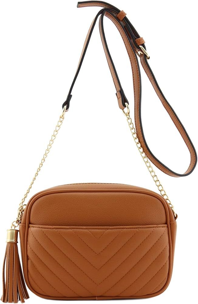 Chevron Quilted Crossbody Camera Bag with Chain Strap and Tassel (Tan): Handbags: Amazon.com | Amazon (US)