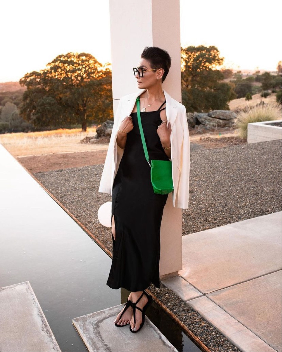 You know how you want to come across as put-together but you don't want to give up your edge? I found a few things that can do double duty.
Start with the workhorse of your wardrobe "A good Silk Slip Dress."You can wear it alone, layer it up, dress it up or down and enjoy it all year long. I do love this one from @bI_nk_london with skinny straps, a good midi length, and a side slit. That's just the kind of mood I've been in lately!!
Next, these casual yet luxe suede Flat Thong Sandals from @chimar_official. They look perfect with literally anything I put on and will never go out of style.
An Apple Green Patent Leather Small Shoulder Bag from @roztayger always sounds like a good idea and it also happens to be the one thing that makes the day more fun.
And since nothing makes me feel more polished than a good, iconic white blazer I had to throw one on from @favorite.daughter for an effortlessly cool vibe. ( in my humble opinion)