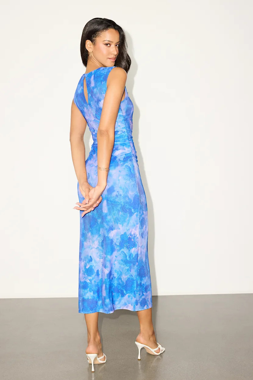 Elyra Blue Floral Mesh Ruched Crew Neck Midi Dress | Europe summer outfits  | Lulus