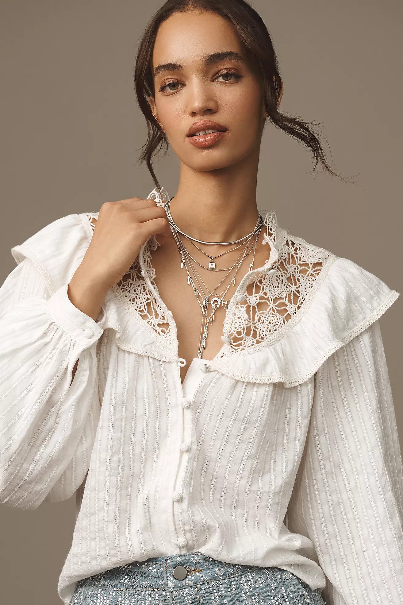 Pilcro Long-Sleeve Eyelet Cutwork Blouse | Anthropologie (US)