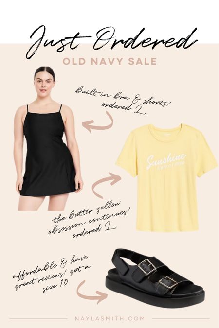 Old Navy order - black athletic dress, butter yellow graphic tee, black chunky sandals. Tee and dress are 50% off! 

MDW sales, affordable fashion, summer fashion 

#LTKsummer #LTKshoes #LTKsale