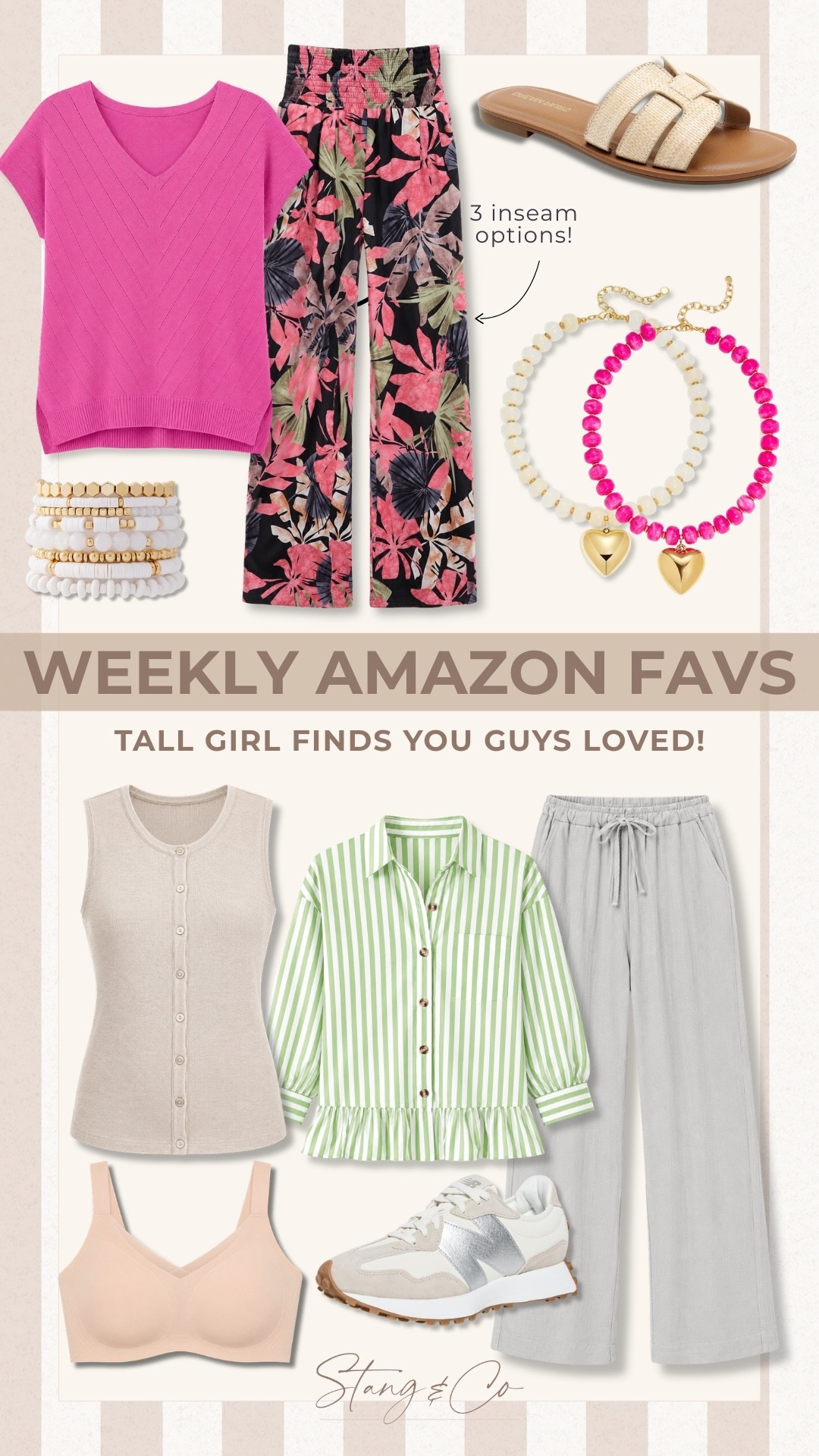 These weekly Amazon favorites are full of tall girl friendly pieces that make summer dressing easier. The floral pants come in three inseam options, and the mix of lightweight tops, relaxed pants, comfortable shoes, and accessories gives you plenty of outfit combinations.

Tall girl outfits, Amazon fashion finds, Tall friendly clothing, Long inseam pants, Floral pants, Summer outfit ideas, Casual summer style, Affordable fashion, Everyday outfits, Comfortable shoes, 6 foot style, Stang and Co