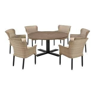 Hampton Bay Devonwood 7-Piece Light Brown Steel Wicker Outdoor Dining Set with CushionGuard Toffe... | The Home Depot