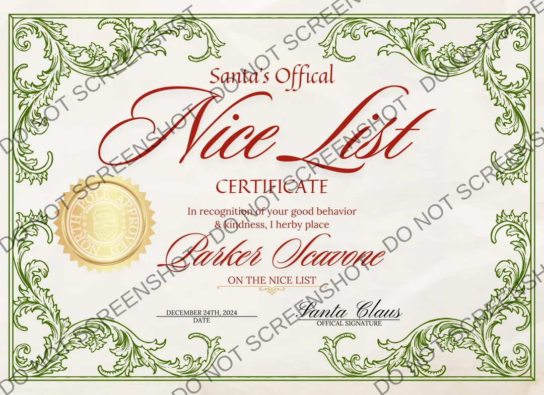 North Pole Personalized Nice List Certification, Santa Claus Offical Nice List, Custom Nice List ... | Etsy (US)
