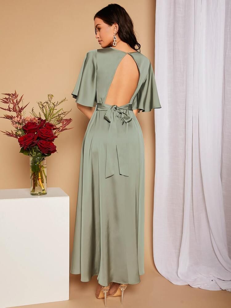 SHEIN Belle Cut Out Tie Back Butterfly Sleeve Satin Bridesmaid Dress | SHEIN