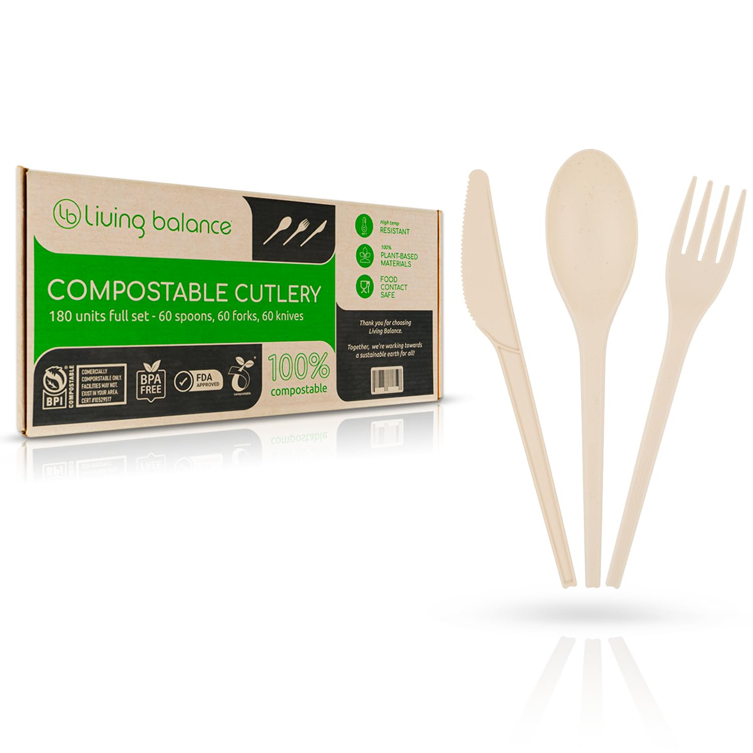 Living Balance Certified Compostable Cutlery 180 Pieces Set - CPLA 60 Forks, 60 Spoons & 60 Knive... | Amazon (US)