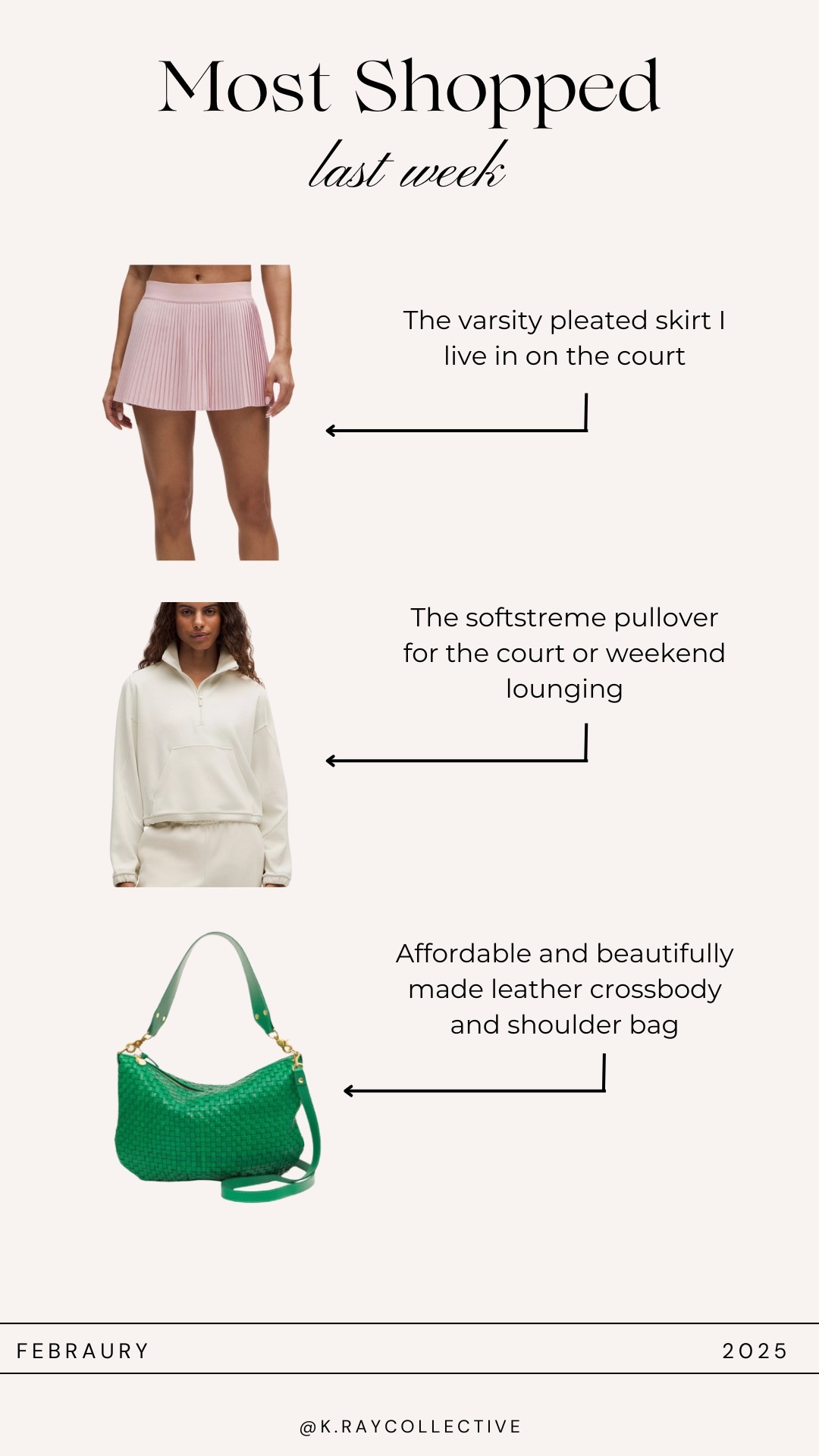 The the most styles last week for Mom! My favorite pleated tennis skirt, the pull over I love in and yes the best leather crossbody bag perfect for spring.

Most shopped | active wear | spring bags | tennis outfit | spring outfit