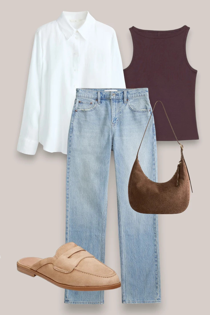 Casual, flattering outfit for moms with a button down, tank and straight leg jeans.  

 #LTKjeans #LTKmidsize #LTKmaternity