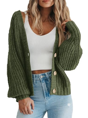 PRETTYGARDEN Women's Chunky Knit Open Front Sweater Long Sleeve Button Loose Short Cardigan Outerwear Coats (Army Green,X-Large) | Amazon (US)
