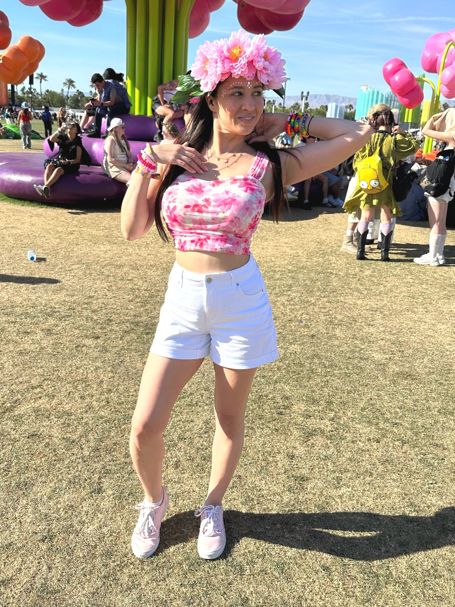 Sharing some festival and concert outfit inspo! Keep it simple and comfy with a pair of shorts and colorful top and a fun hair accessory! Remember to wear comfy shoes too! #coachella #coachella2025 #festivaloutfit #concertoutfit #coachellastyle

#LTKSeasonal #LTKStyleTip #LTKFestival