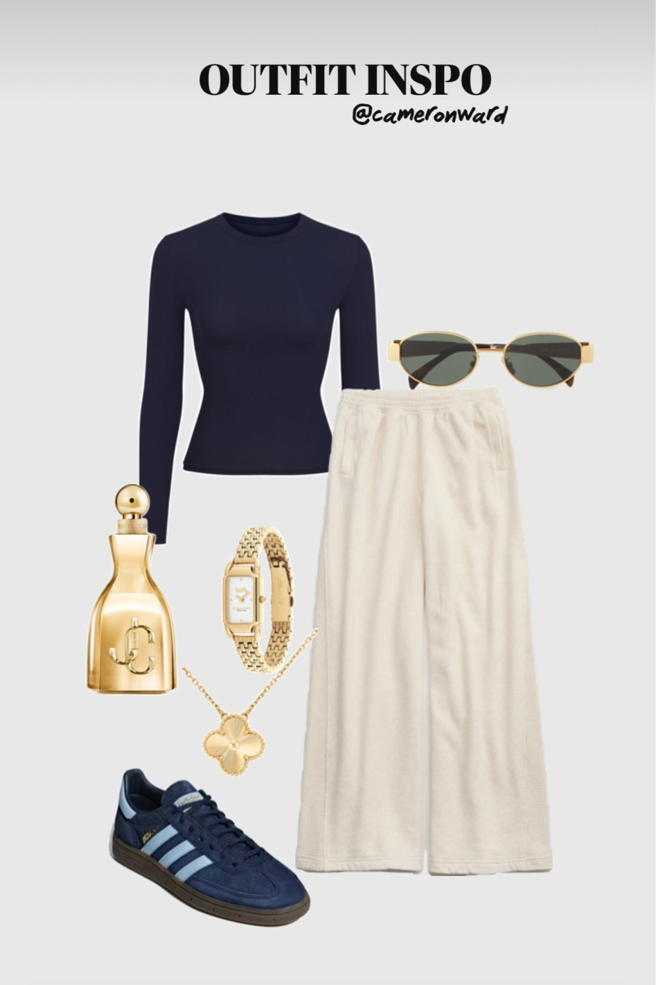 Navy shirt, wide leg trouser, adidas sambas, Jimmy choo perfume, gold jewelry 

#LTKFindsUnder100 #LTKSeasonal #LTKStyleTip