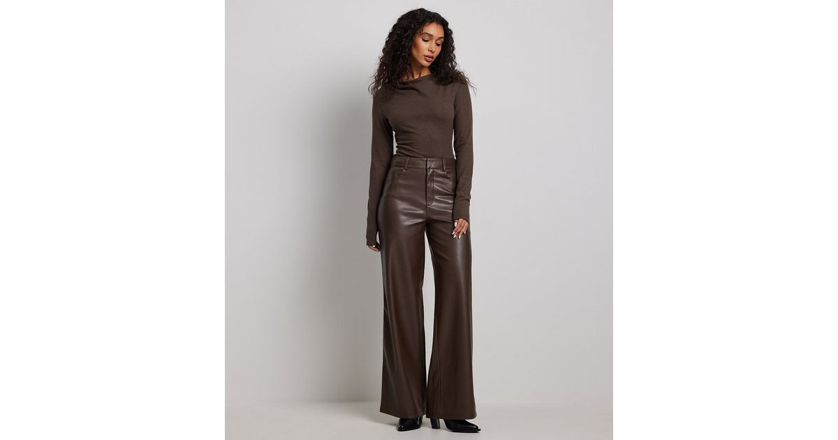 NA-KD Dark Brown Leather-Look Wide Leg Trousers | New Look | New Look (UK)