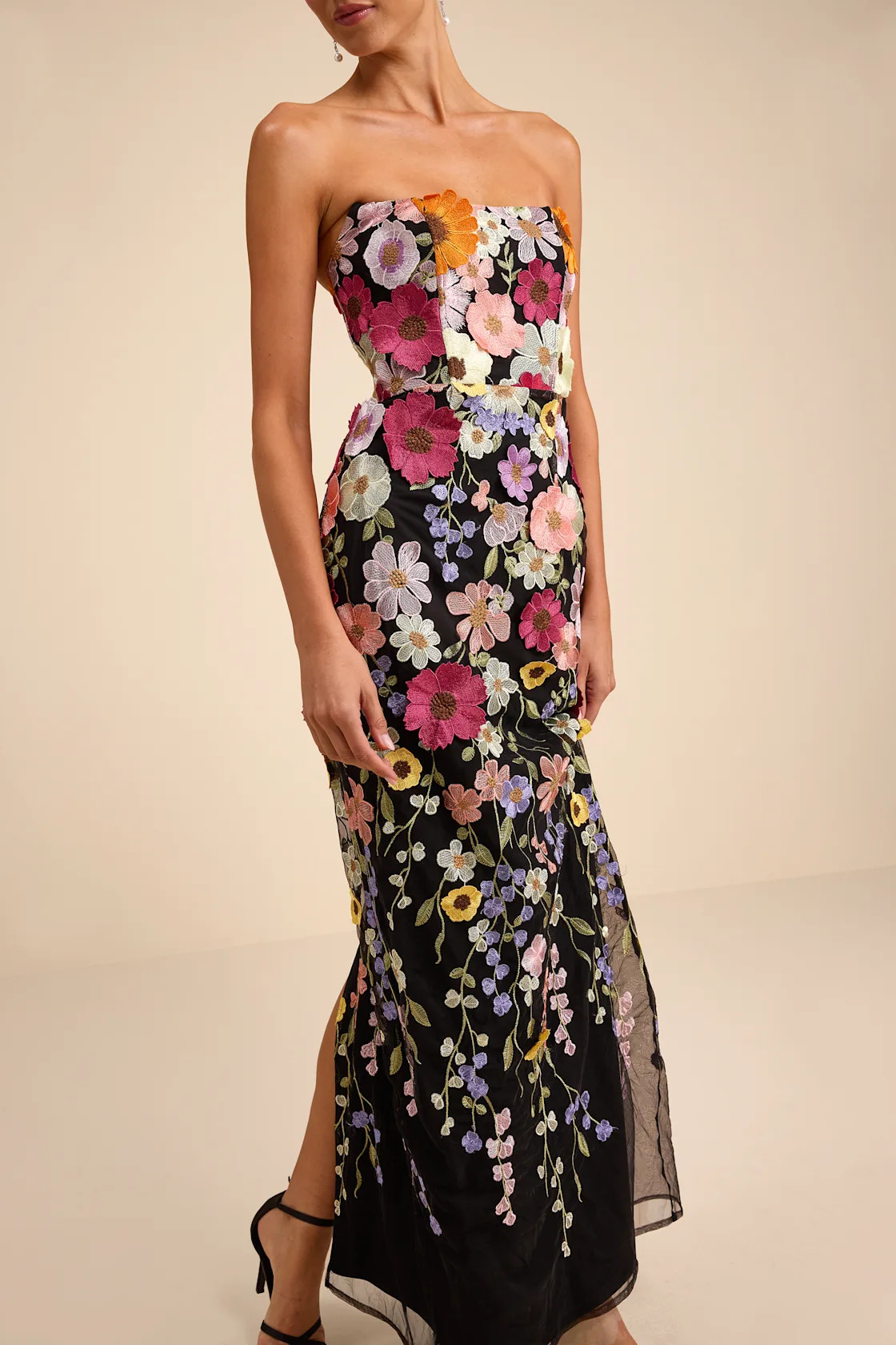 Macario Black Multi 3D Floral Embroidered Strapless Maxi Dress | Lulus
