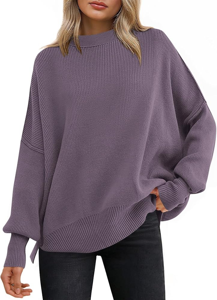 ANRABESS Women Oversized Sweaters Batwing Long Sleeve 2026 Fall Outfits Crewneck Casual Knit Side... | Amazon (US)