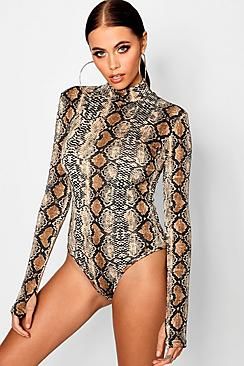 Snake Print Long Sleeve Bodysuit | Boohoo.com (US & CA)