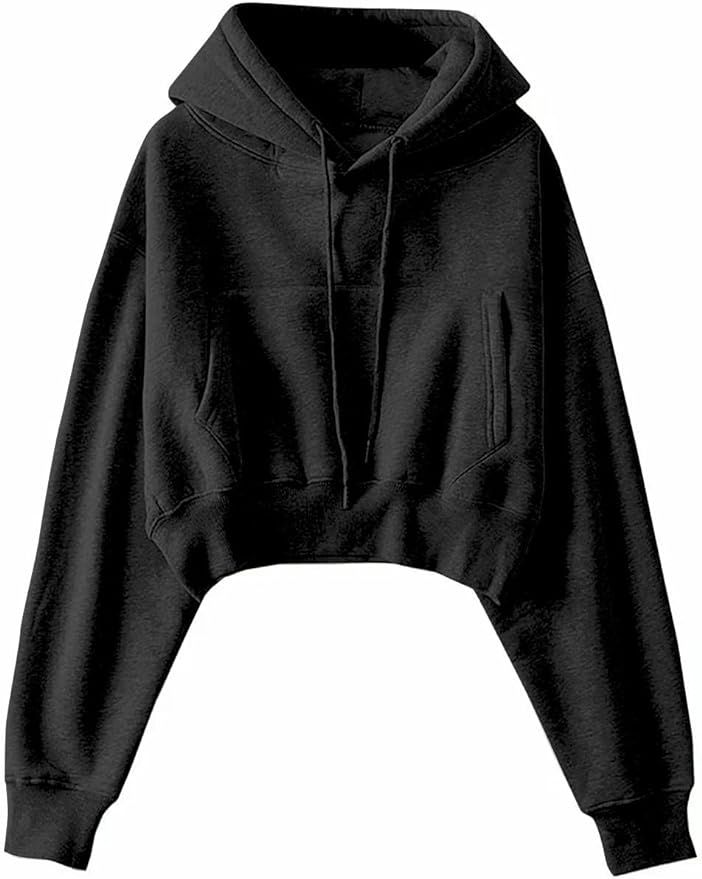 Hatant Women's Black Cropped Long Sleeve Hooded Pullover Sweatshirt | Amazon (US)
