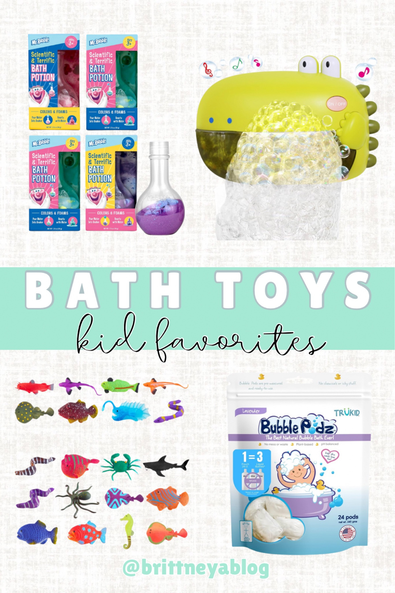 Fun bath toys for kids! 

bath toys / kid bath toys / baby bath toys / Amazon finds / brittneyablog

#LTKFamily #LTKKids #LTKBaby