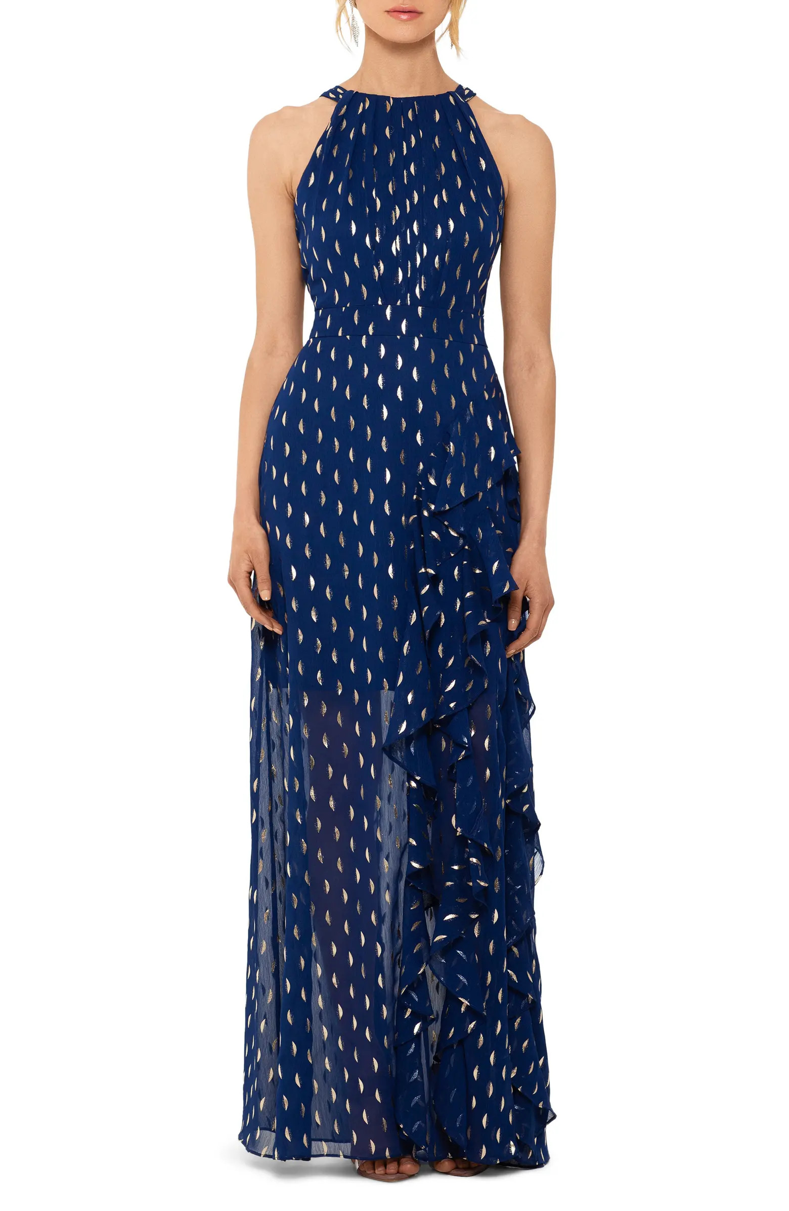 Metallic Clip Dot Ruffle Halter Neck Chiffon Gown | Nordstrom