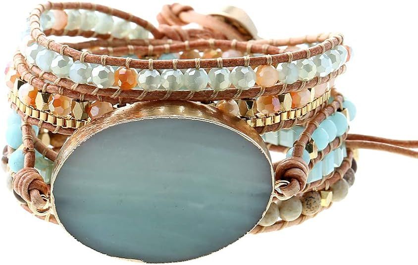 Plumiss Women Boho Handmade Natural Stone Crystal Leather Bead Wrap Bracelets Collection | Amazon (US)