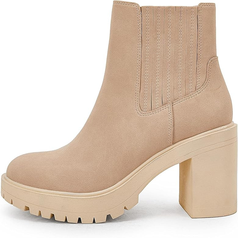 Womens Lug Sole Ankle Boots Chunky Block Heel Chelsea Accordion High Top Western Booties | Amazon (US)