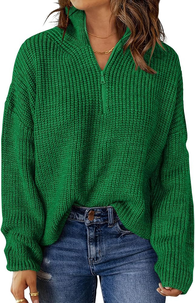 MEROKEETY Women's 2023 Long Sleeve Chunky Knit Sweaters 1/4 Zip Polo V Neck Casual Pullover Tops | Amazon (US)