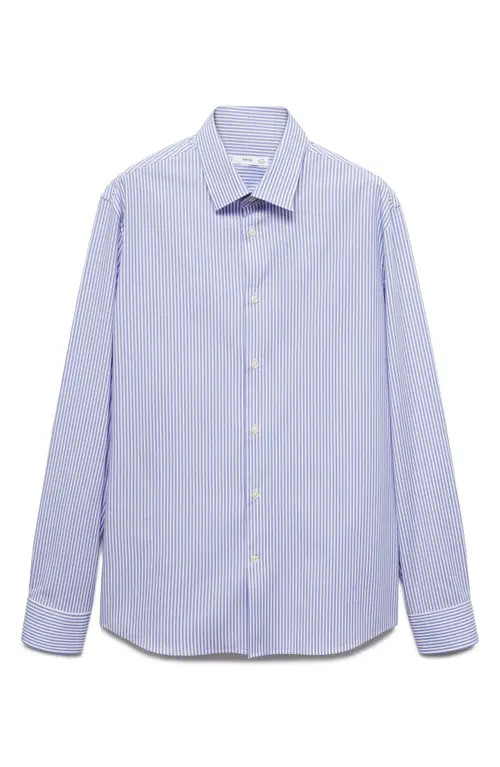 MANGO Slim Fit Pinstripe Stretch Cotton Button-Up Shirt in Blue at Nordstrom, Size Large | Nordstrom