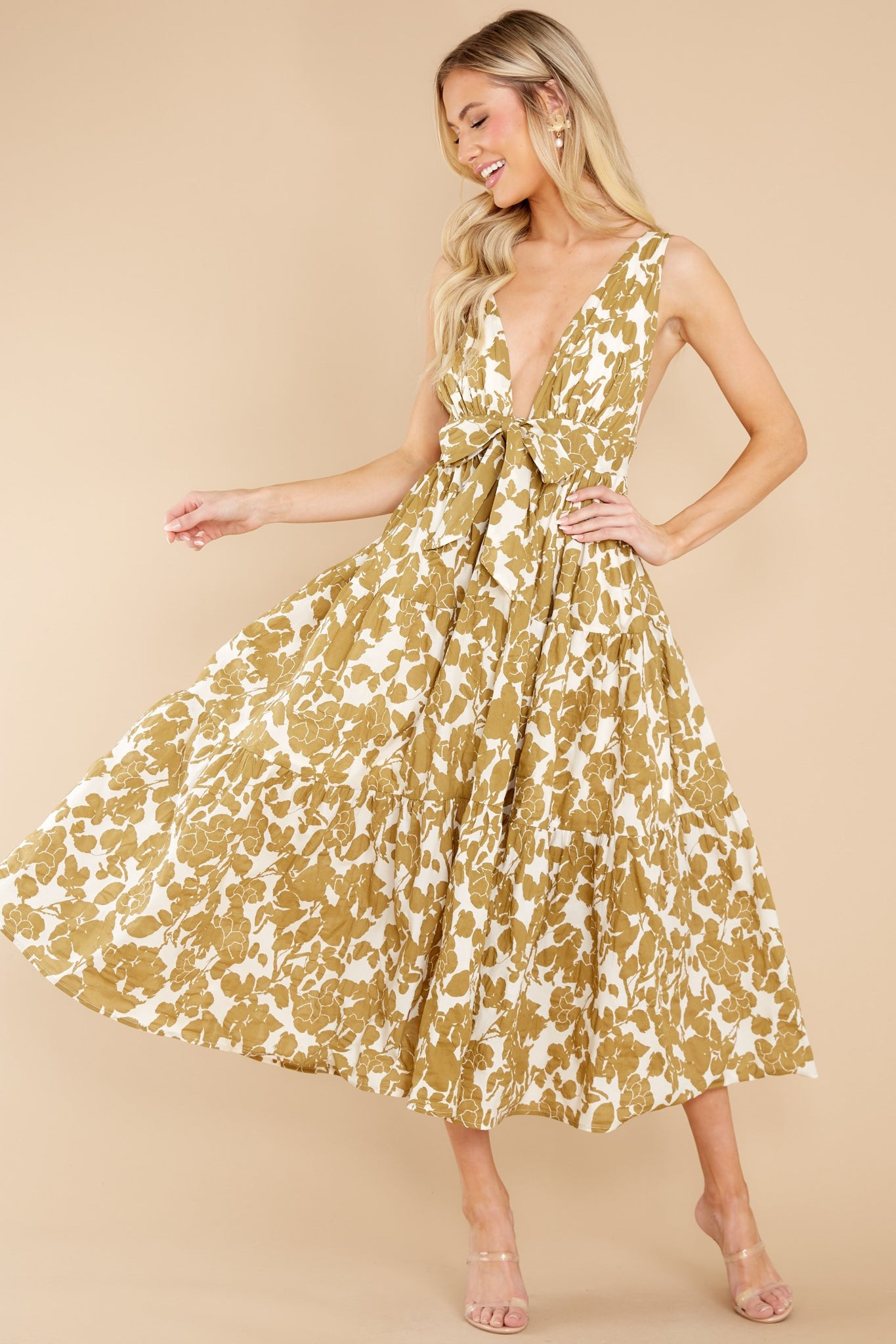 Always Authentic Ivory And Tan Floral Print Dress | Red Dress 