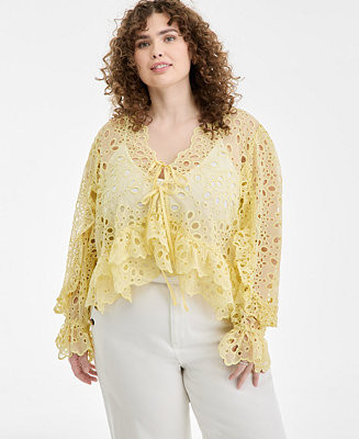 On 34th Trendy Plus Size Tie-Front Cut-Work Blouse, Macy's Exclusive - Macy's | Macy's