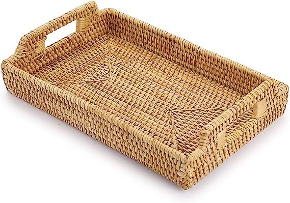 Hipiwe Rattan Serving Tray with Handles - Hand-Woven Decorative Tray for Storage Breakfast, Drink... | Amazon (US)