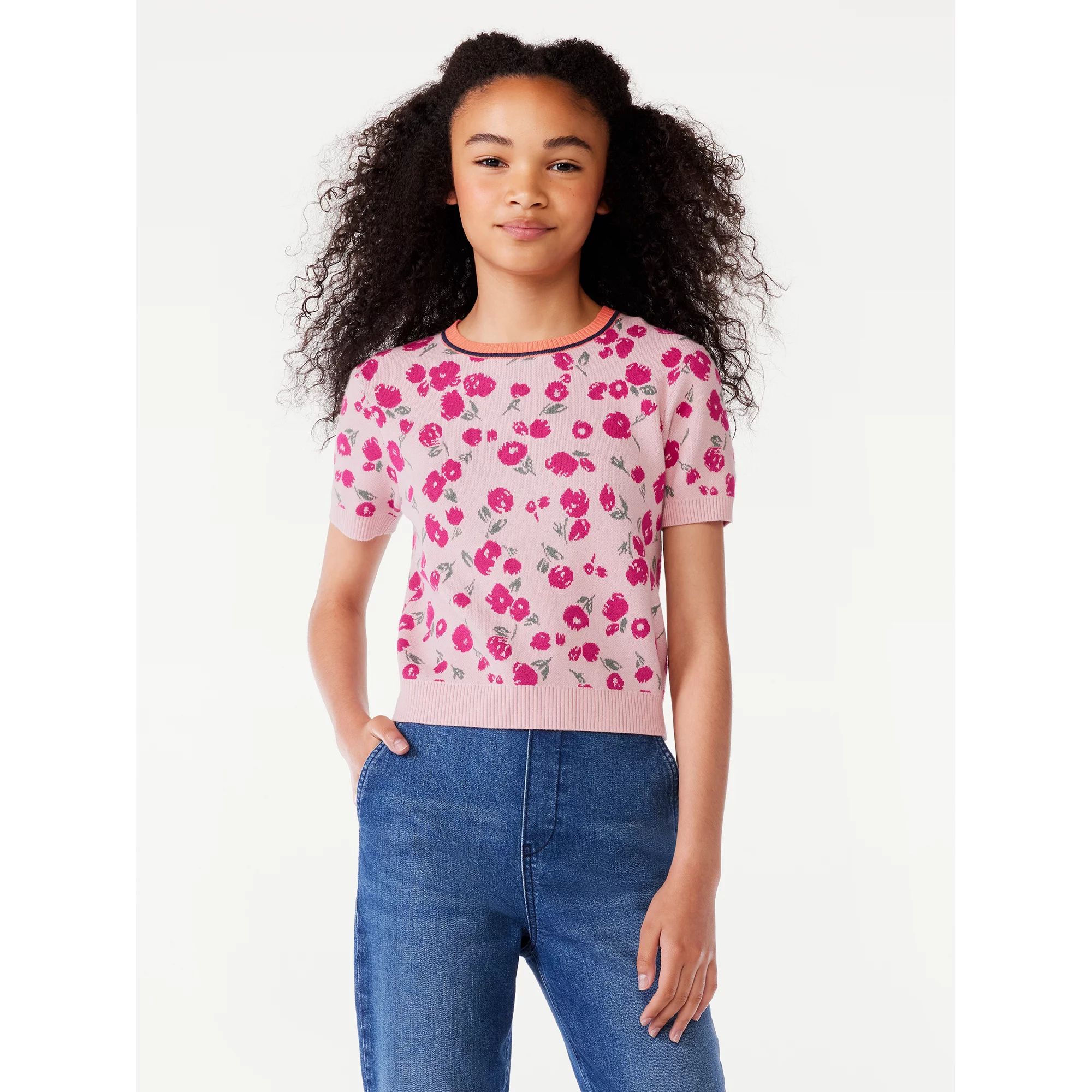 Free Assembly Girls Short Sleeve Intarsia Sweater Top, Sizes 4-18 | Walmart (US)