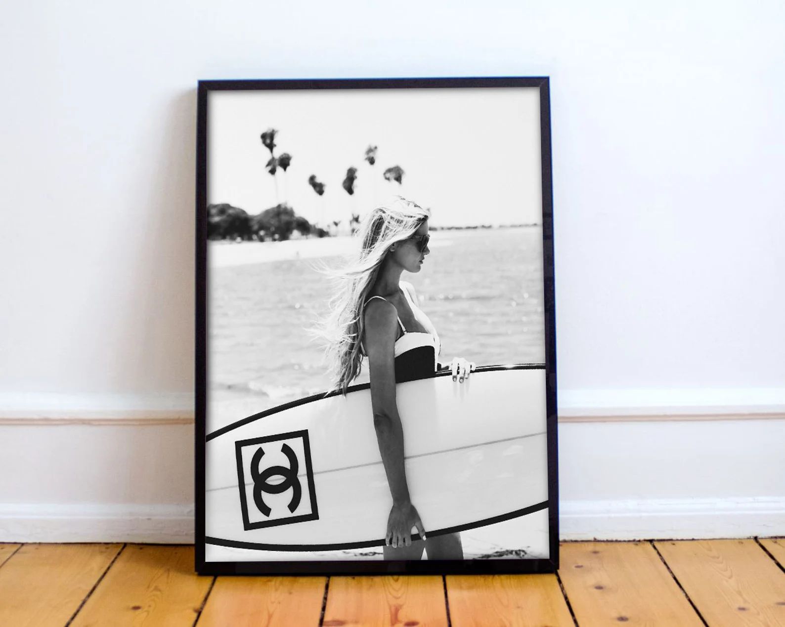 Coco Chanel Surfboard poster - Coastal Surfer Beach- Coco Chanel Art - Chanel Wall Gallery - Digi... | Etsy (US)