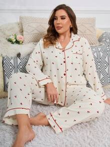 Plus Cherry Print Contrast Piping PJ Set | SHEIN