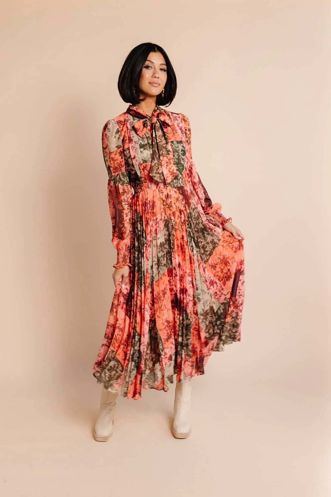 Pleated Printed Chiffon Midi Dress - Rust Patchwork | Rachel Parcell
